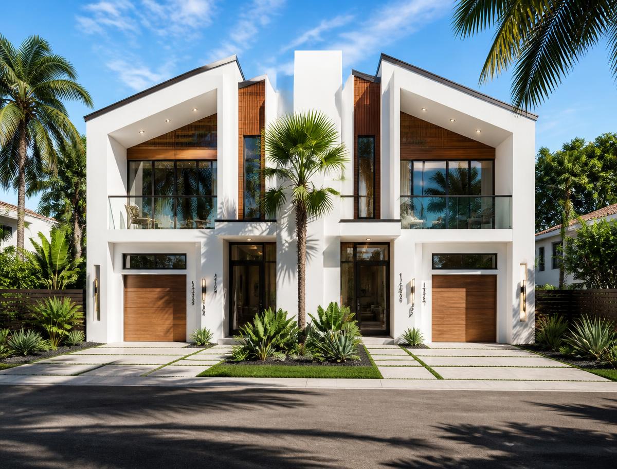 Modern white duplex residence with wood accents and tropical landscaping