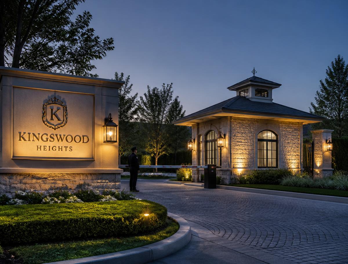 Estate gatehouse at dusk with a security barrier and lit signage